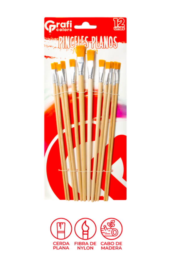 Kit Pinceles Planos Nylon Grafi Colors x 12 Unidades