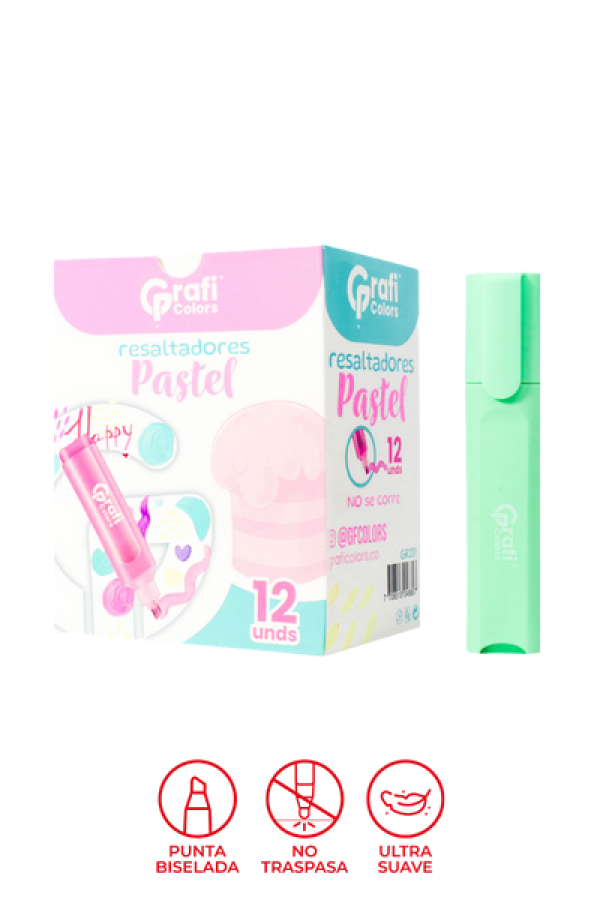 Resaltador Grafi Colors Punta Biselada Color Pastel x 12 Unidades