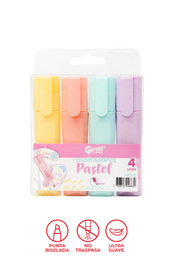 Resaltador Grafi Colors Punta Biselada Color Pastel x 4 Unidades