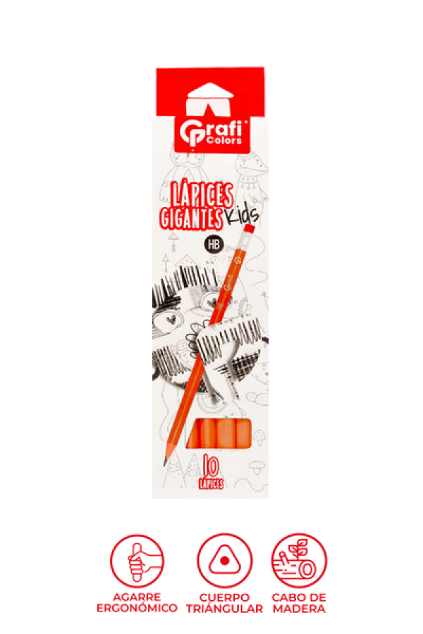 Lápiz Gigantes Kids Grafi Colors x 10 Unidades, Incluye Sacapuntas