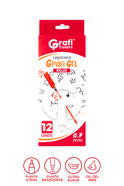 Lapicero Grafi Colors Mina Naranja 0,7 Grafi Gel Rojo x 12 Unidades