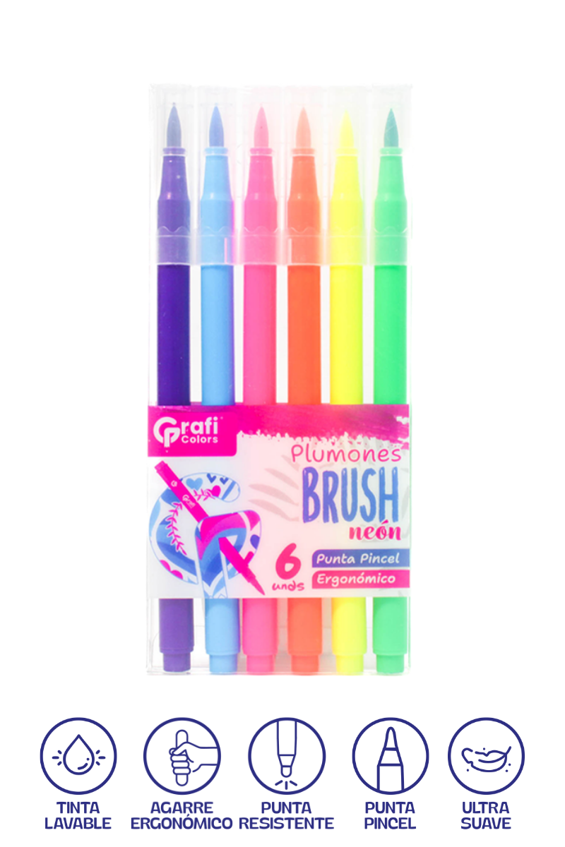 Plumones Brush Grafi Colors Punta Pincel  Neón x 6 Unidades