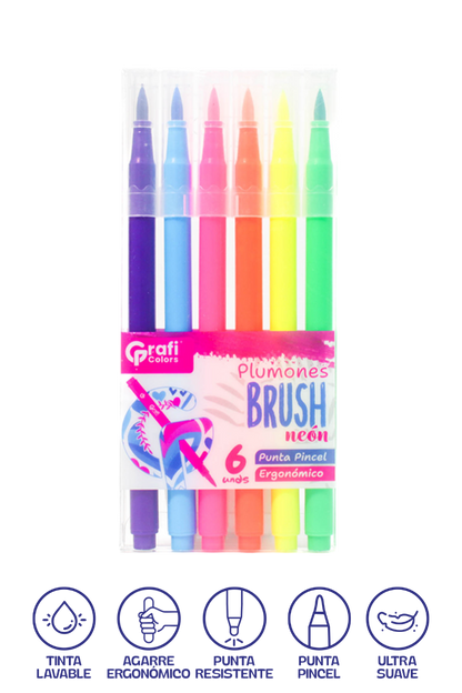 Plumones Brush Grafi Colors Punta Pincel  Neón x 6 Unidades