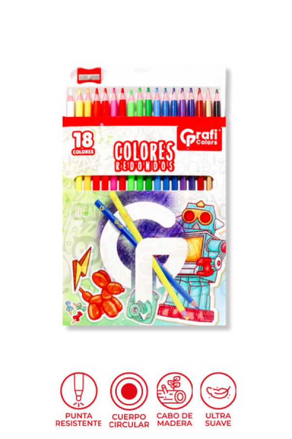 Colores Grafi Colors Redondos x 18 Unidades 5 colores neón y 1 Dorado  Incluye Sacapuntas
