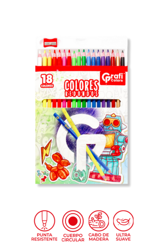 Colores Grafi Colors Redondos x 18 Unidades 5 colores neón y 1 Dorado  Incluye Sacapuntas