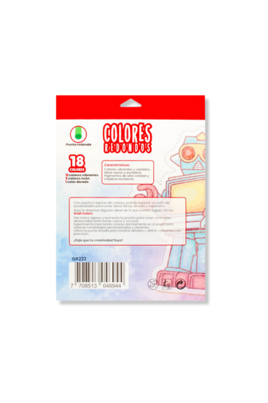 Colores Grafi Colors Redondos x 18 Unidades 5 colores neón y 1 Dorado  Incluye Sacapuntas