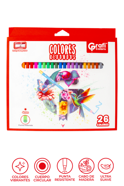Colores Grafi Colors Punta Redonda x 26 Unidades 4mm, Incluye Sacapuntas y 2 Colores Metalizados