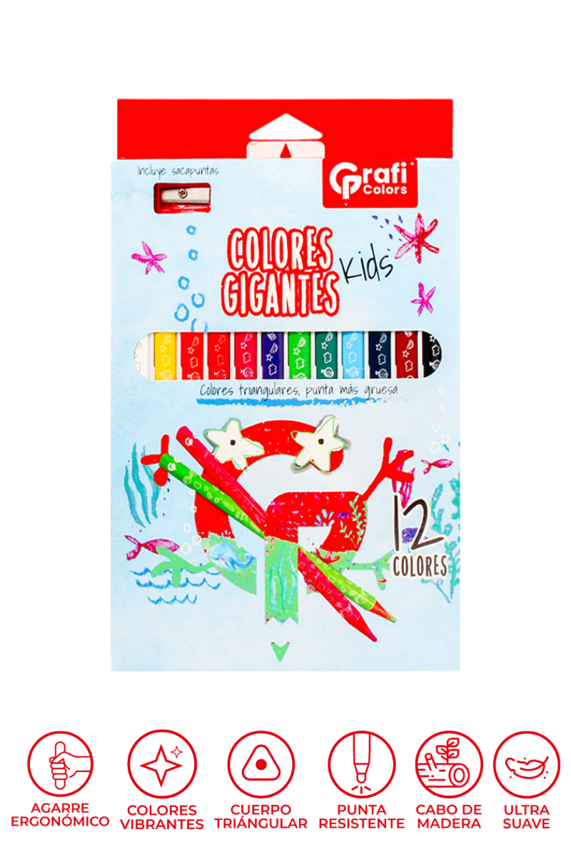 Colores Gigantes Kids Grafi Colors Triangulares x 12 Unidades, Punta 5mm, Incluye Sacapuntas