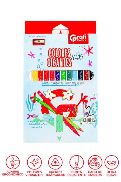 Colores Gigantes Kids Grafi Colors Triangulares x 12 Unidades, Punta 5mm, Incluye Sacapuntas