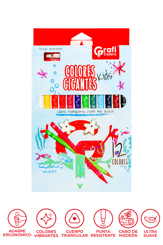 Colores Gigantes Kids Grafi Colors Triangulares x 12 Unidades, Punta 5mm, Incluye Sacapuntas