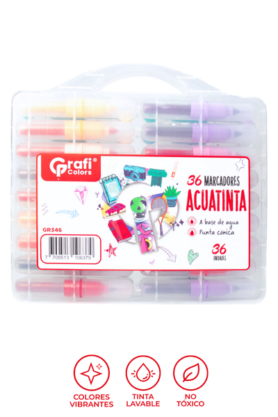 Estuche Marcadores Acuatinta Grafi Colors Lavables Punta Cónica x 36 Unidades