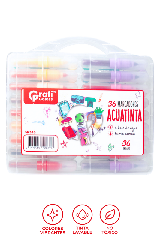 Estuche Marcadores Acuatinta Grafi Colors Lavables Punta Cónica x 36 Unidades
