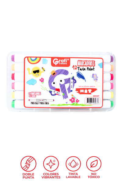 Estuche Marcadores Twin Point Grafi Colors Doble Punta (Punta Bala y Punta Cónica) x 12 Colores, 24 Unidades
