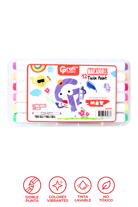 Estuche Marcadores Twin Point Grafi Colors Doble Punta (Punta Bala y Punta Cónica) x 12 Colores, 24 Unidades