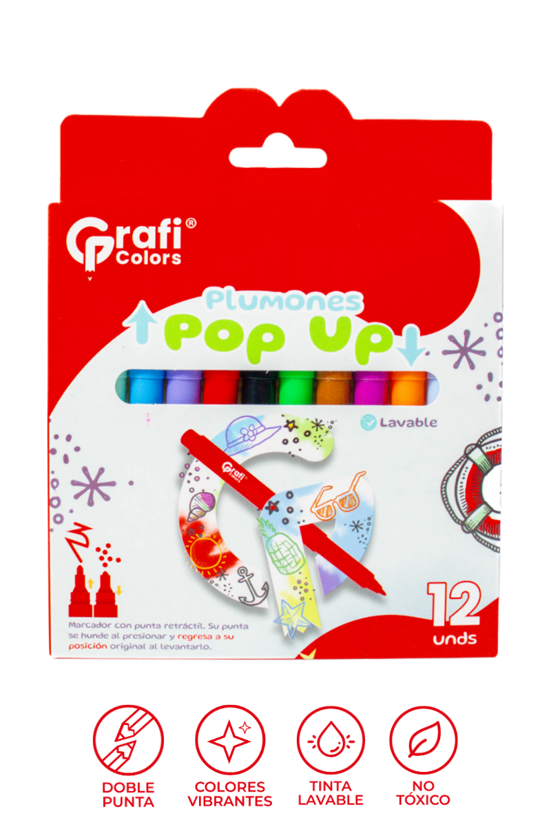 Plumones Pop Up Grafi Colors Punta Bala Retractil Lavable x 12 Unidades