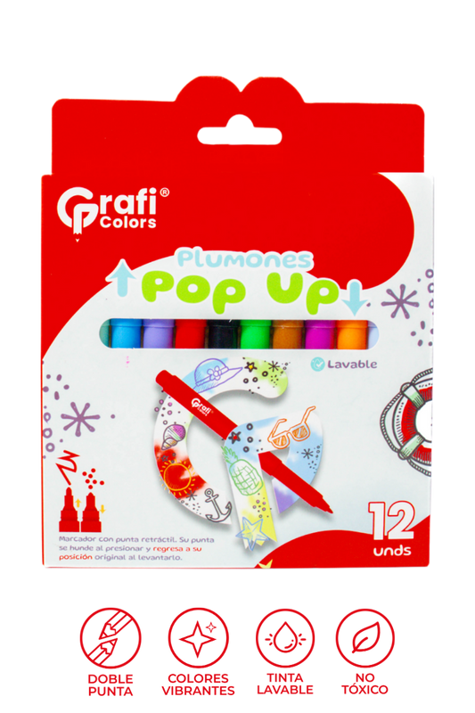 Plumones Pop Up Grafi Colors Punta Bala Retractil Lavable x 12 Unidades