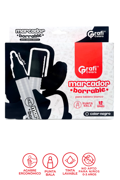 Marcador Borrable Grafi Colors X 12 Punta Bala Negro