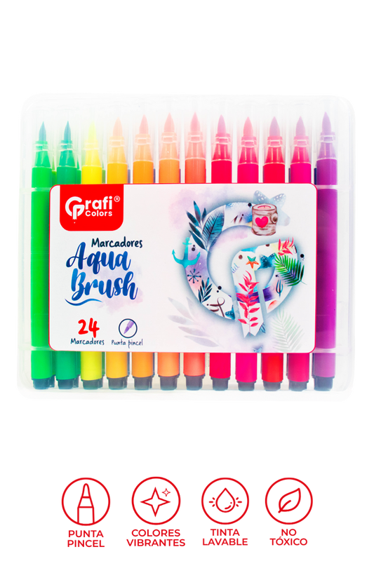 Estuche Marcadores Aqua Brush Grafi Colors Punta Pincel x 24 Unidades