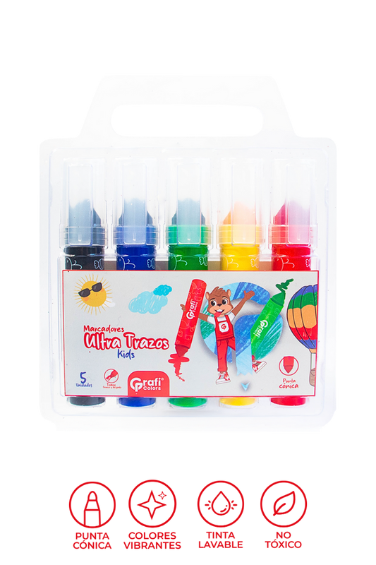 Marcadores Ultra Trazos Kids Grafi Colors Punta Cónica x 5 Unidades