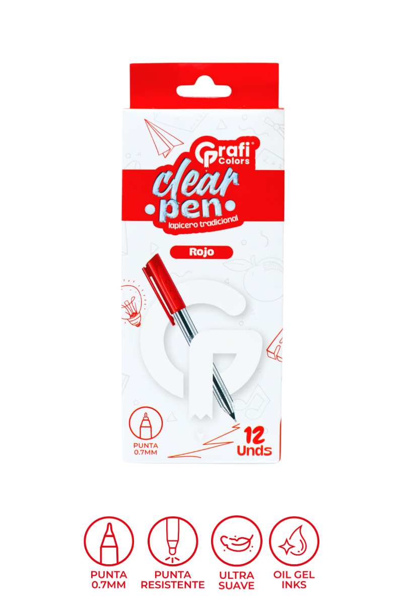 Lápicero Grafi Colors Clear Pen Tradicional Transparente Mina Roja 0.7 Mm X 12 Unidades
