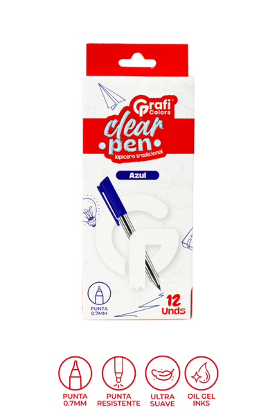 Lapicero Grafi Colors Clear Pen Tradicional Transparente Mina Azul 0.7 Mm X 12 Unidades