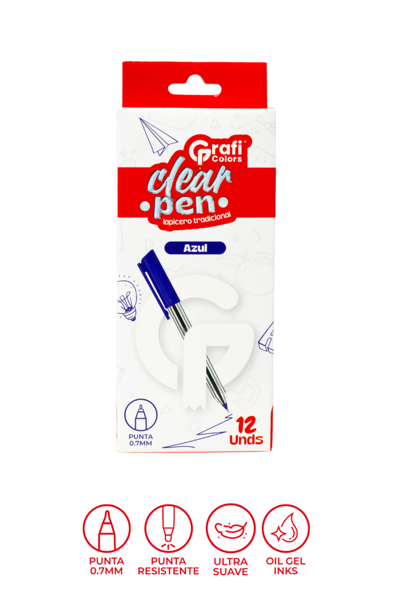 Lapicero Grafi Colors Clear Pen Tradicional Transparente Mina Azul 0.7 Mm X 12 Unidades