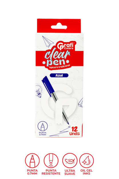 Lapicero Grafi Colors Clear Pen Tradicional Transparente Mina Azul 0.7 Mm X 12 Unidades