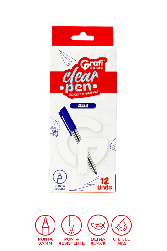 Lapicero Grafi Colors Clear Pen Tradicional Transparente Mina Azul 0.7 Mm X 12 Unidades
