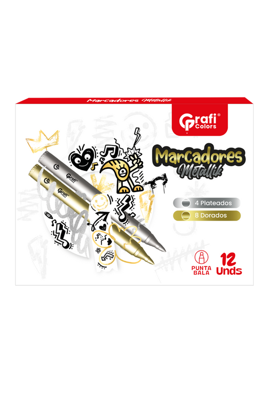 Marcador Metalizado Grafi Colors Caja X12 8 Dorados y 4 Plateados Punta Bala