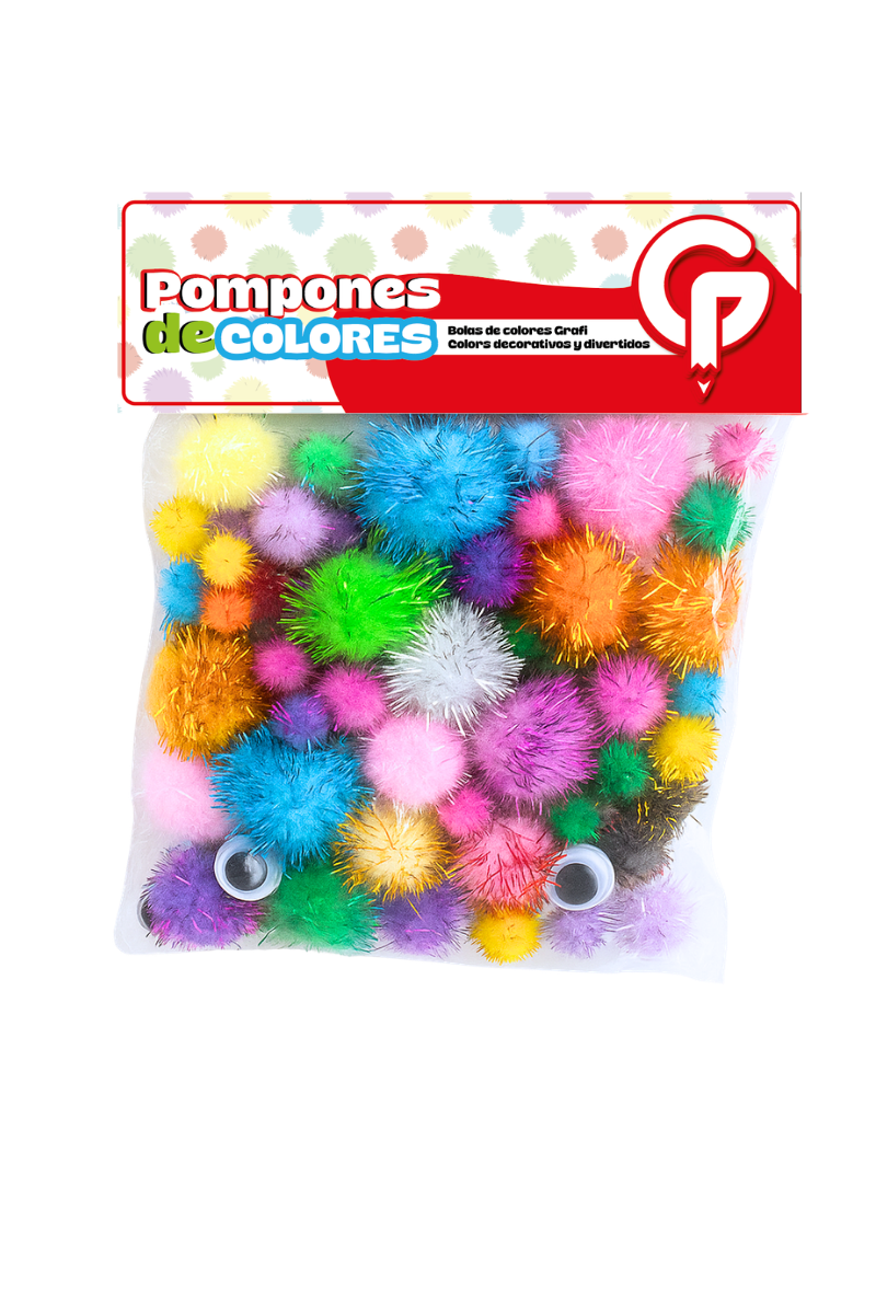 POMPONES DE LANA BRILLANTE Y OJOS GRAFI COLORS 40 PCS