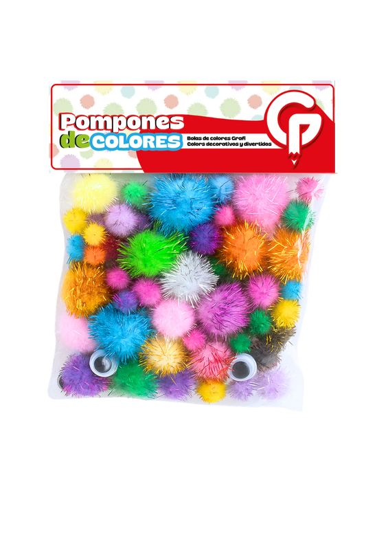 POMPONES DE LANA BRILLANTE Y OJOS GRAFI COLORS 40 PCS