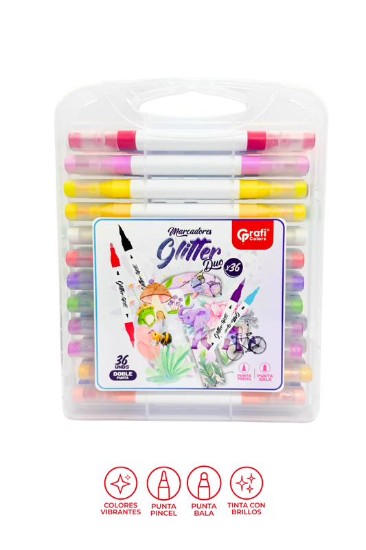Marcadores Glitter Duo Grafi Colors Doble Punta x 36 Unidades