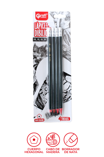 Lapices De Dibujo 2h. 2b. 6b Y 8b Blister Grafi Colors X 4 Unidades