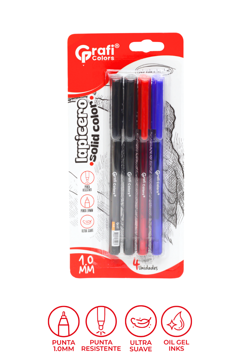 Lapicero Cuerpo Solido Negro X4 Carton 1 Rojo.1azul 1mm