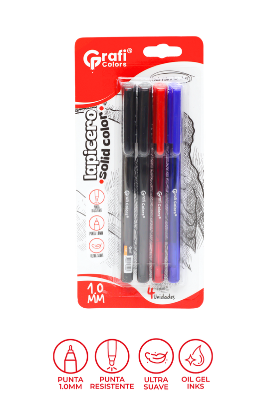 Lapicero Cuerpo Solido Negro X4 Carton 1 Rojo.1azul 1mm