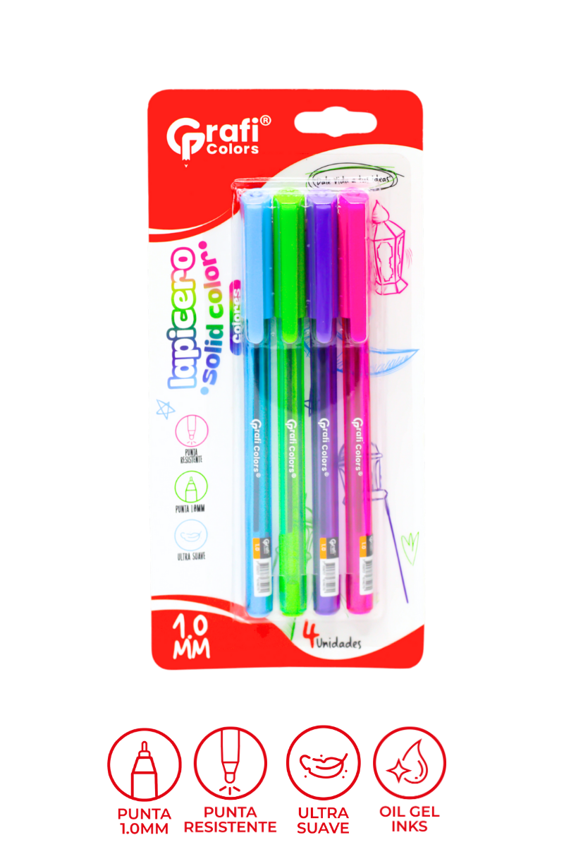 Lapicero Surtido Colores Solidos X 4 Carton 1mm Fucsia .Verde.Morado.Azul