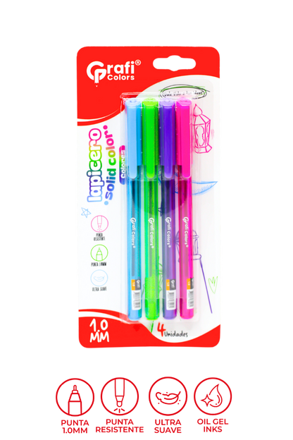 Lapicero Surtido Colores Solidos X 4 Carton 1mm Fucsia .Verde.Morado.Azul