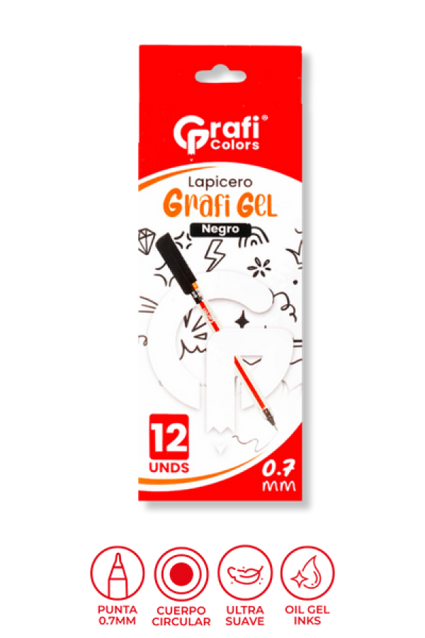 Lapicero Grafi Colors Mina Naranja 0,7 Grafi Gel Negro x 12 Unidades