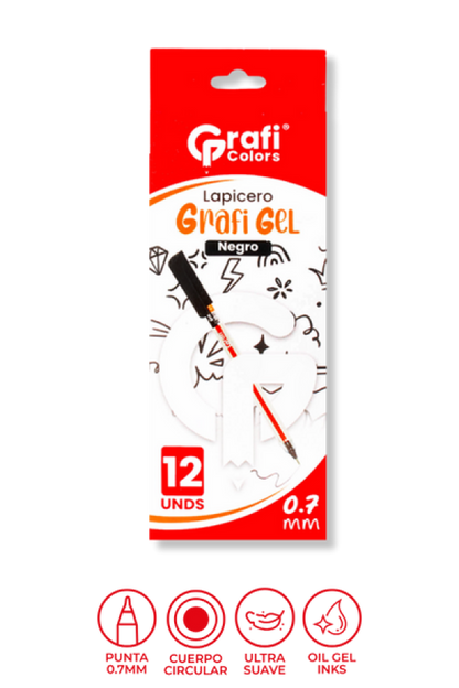 Lapicero Grafi Colors Mina Naranja 0,7 Grafi Gel Negro x 12 Unidades