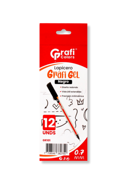 Lapicero Grafi Colors Mina Naranja 0,7 Grafi Gel Negro x 12 Unidades