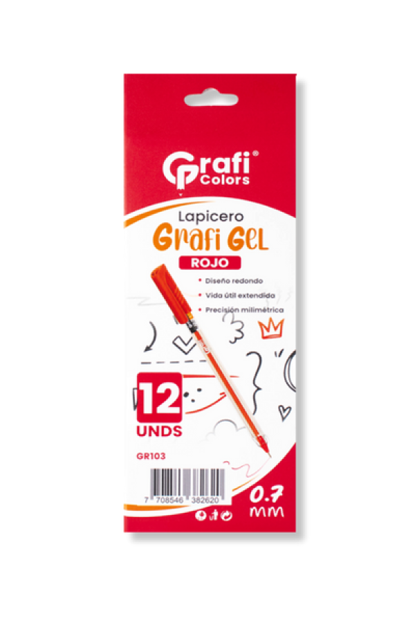 Lapicero Grafi Colors Mina Naranja 0,7 Grafi Gel Rojo x 12 Unidades