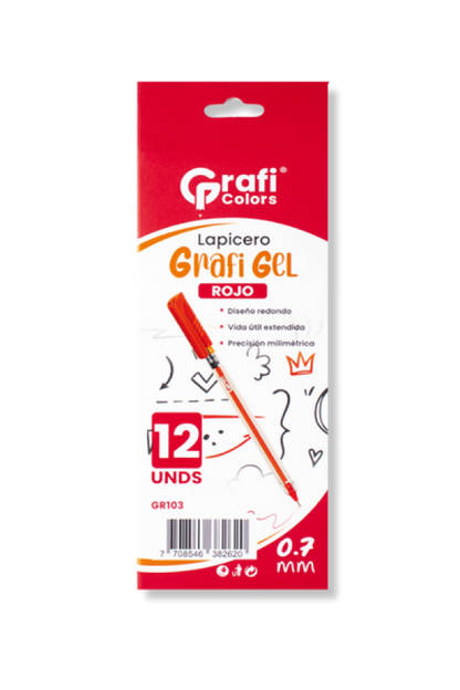 Lapicero Grafi Colors Mina Naranja 0,7 Grafi Gel Rojo x 12 Unidades