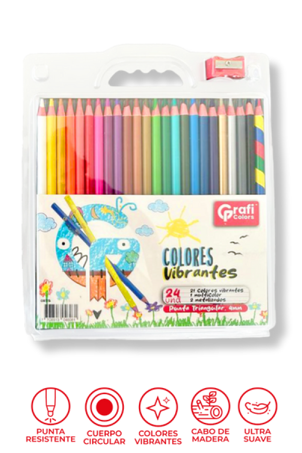 Colores Grafi Colors Redondos 4mm x 24 Unidades, Incluye 1 Multicolor 2 Metalizados