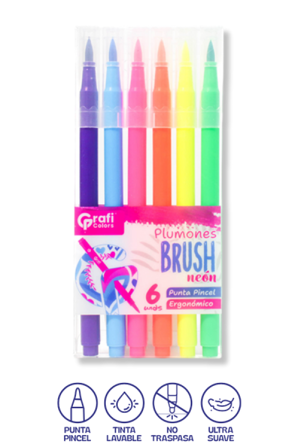 Plumones Brush Grafi Colors Punta Pincel  Neón x 6 Unidades