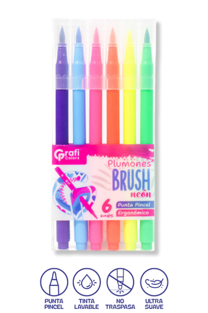 Plumones Brush Grafi Colors Punta Pincel  Neón x 6 Unidades