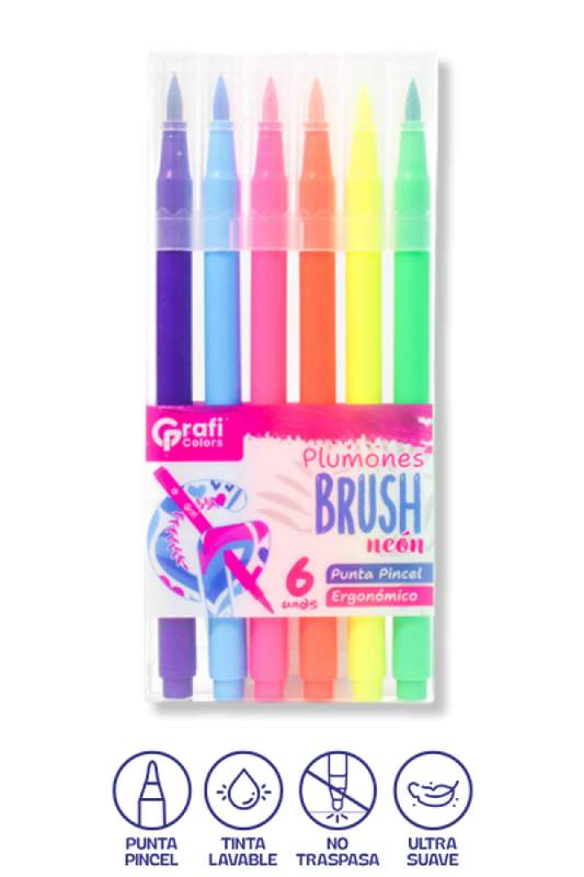 Plumones Brush Grafi Colors Punta Pincel  Neón x 6 Unidades