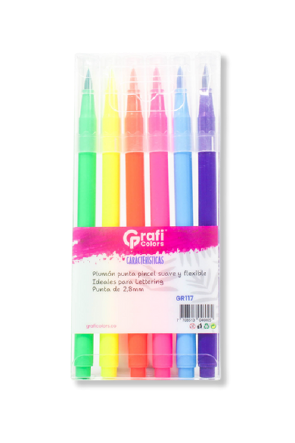 Plumones Brush Grafi Colors Punta Pincel  Neón x 6 Unidades