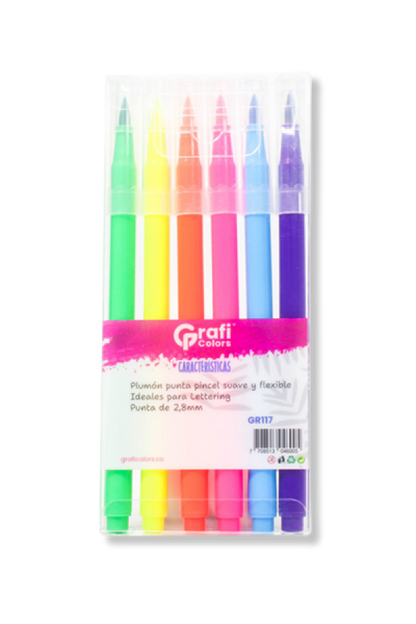 Plumones Brush Grafi Colors Punta Pincel  Neón x 6 Unidades