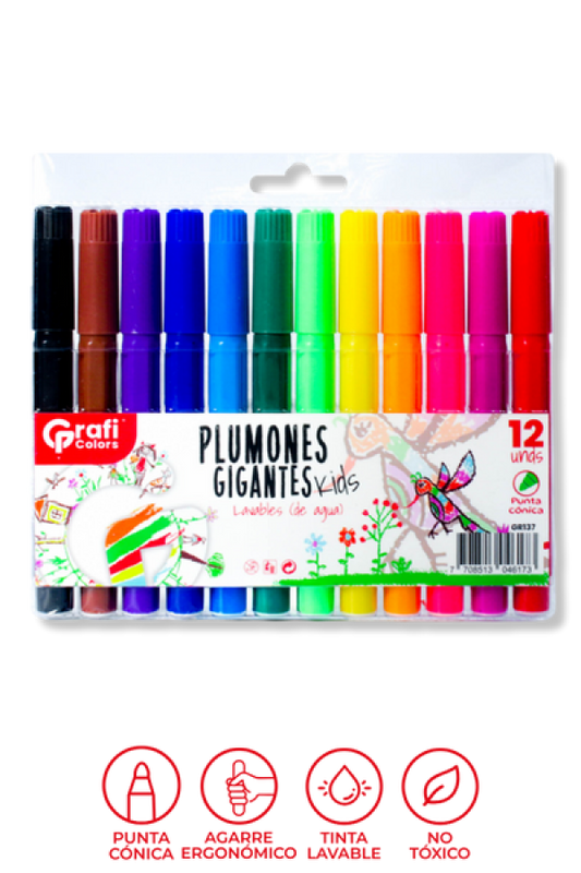 Plumones Gigantes Kids Grafi Colors Lavables Punta Bala   x 12 Unidades