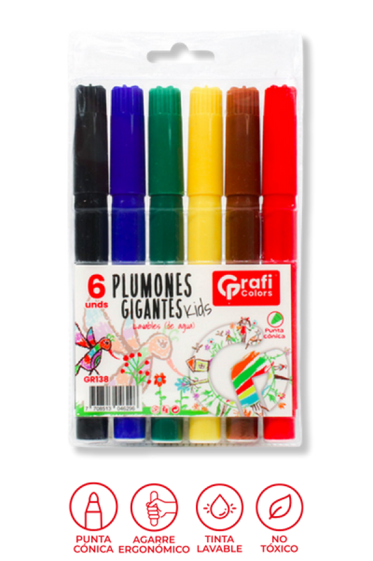 Plumones Gigantes Kids Grafi Colors Lavables Punta Bala x 6 Unidades